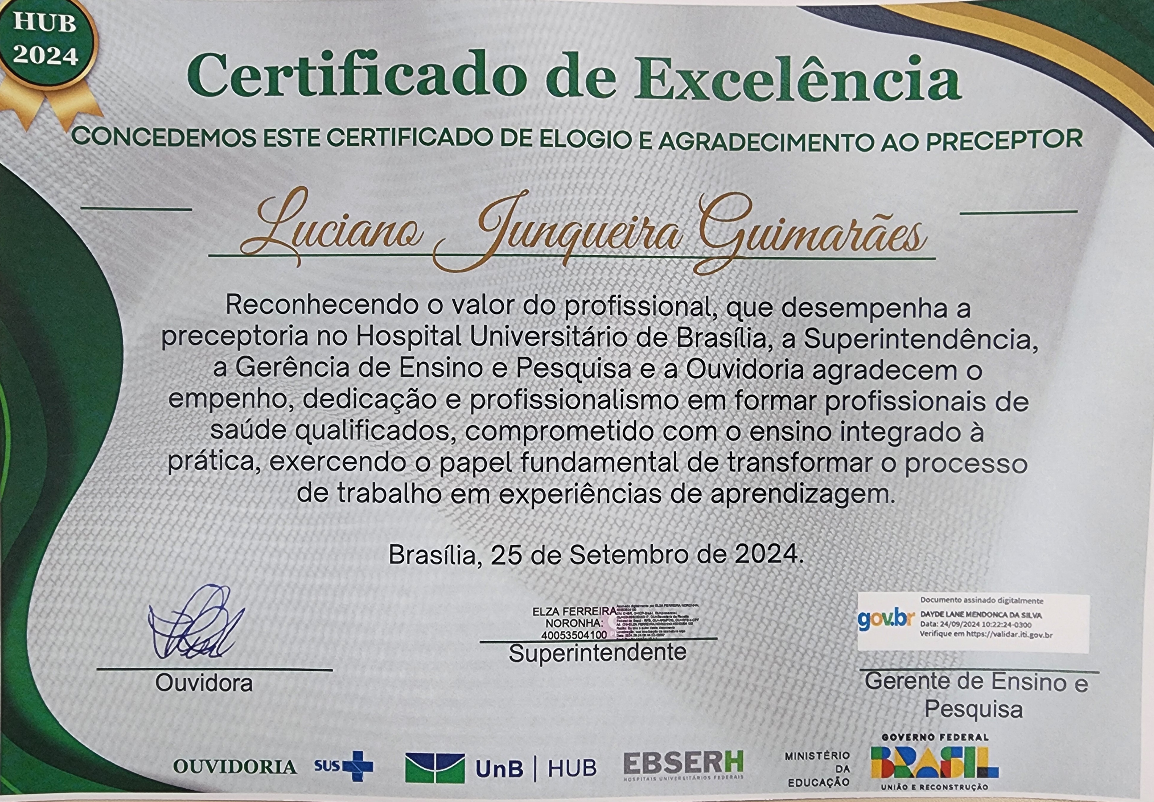 Certificado de Excelência HUB 2024 concedido ao Dr. Luciano Junqueira Guimarães